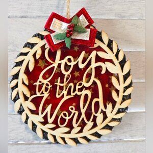 NWT Joy to the World Wood Ornament Holly Gold Stars Fabric Ribbon Christmas